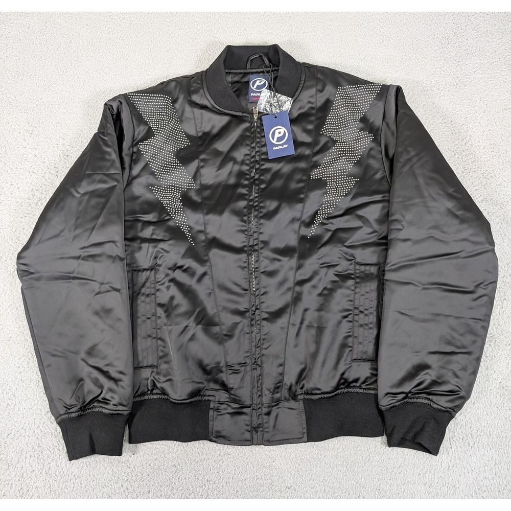 Parlay Jacket Mens Medium Black Bomber Rhinestone Lightning Zip Players Club New